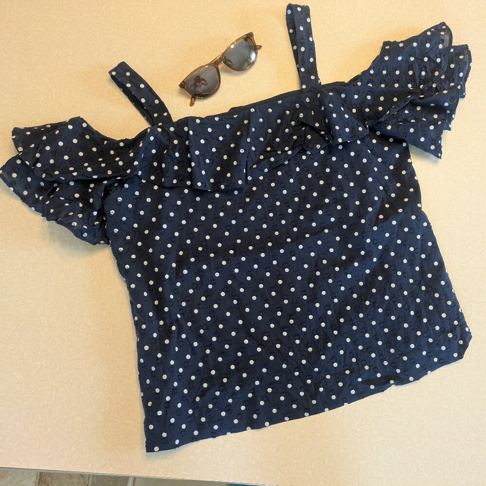 J. Crew Navy Polka Dot Square Neck Ruffle Off the Shoulder Top Size 8 EUC